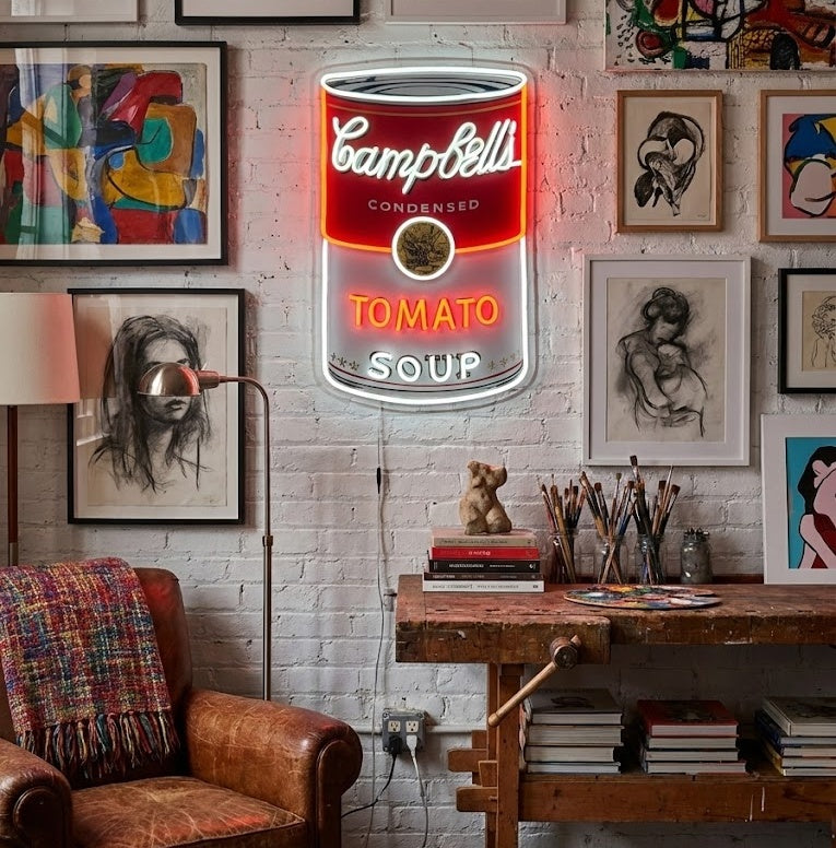 Affiche de soupe de tomate pop art affichée dans un studio d'artiste