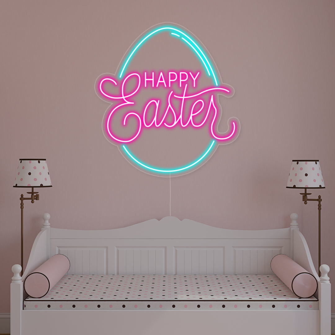 "Œuf, Happy Easter" Enseigne Lumineuse en Néon