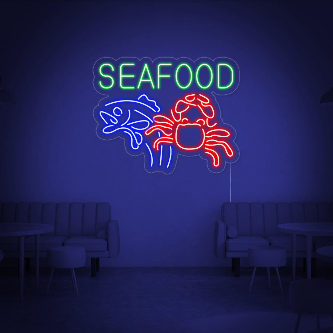 "Seafood, Crabe, Poisson" Enseigne Lumineuse en Néon