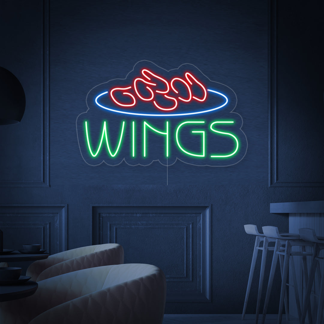 "Wings, Nourriture" Enseigne Lumineuse en Néon