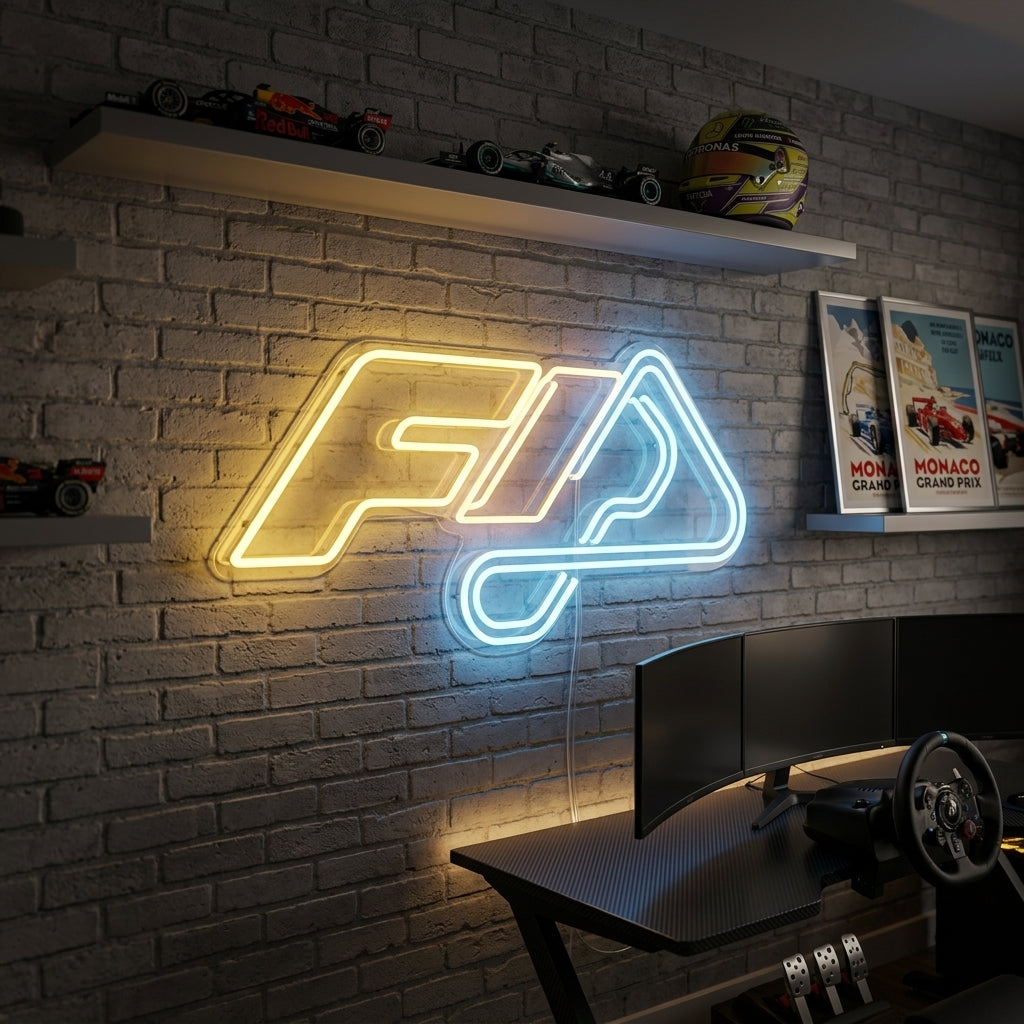 Neon sign with the F1 logo in blue and yellow, stylish for gaming setups, offices, and racing fan rooms.