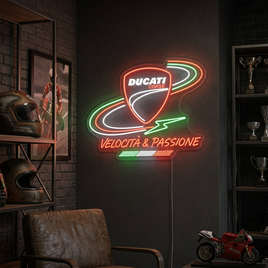 Neon sign featuring the Ducati Corse shield logo with red, green, and white tricolor, perfect for motorcycle enthusiasts and racing fans.