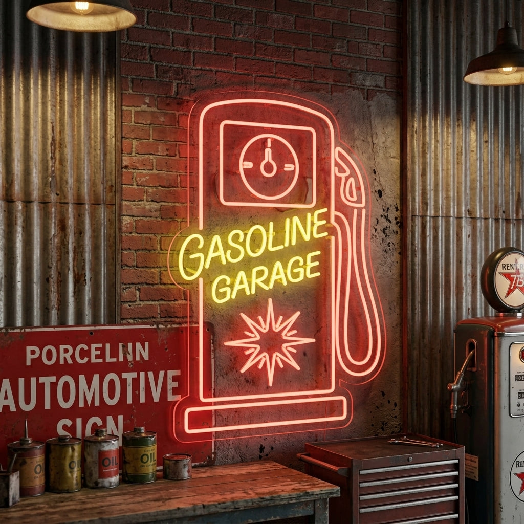 Neon sign shaped like a vintage gas pump with “Gasoline Garage” text, perfect for workshops or man caves.