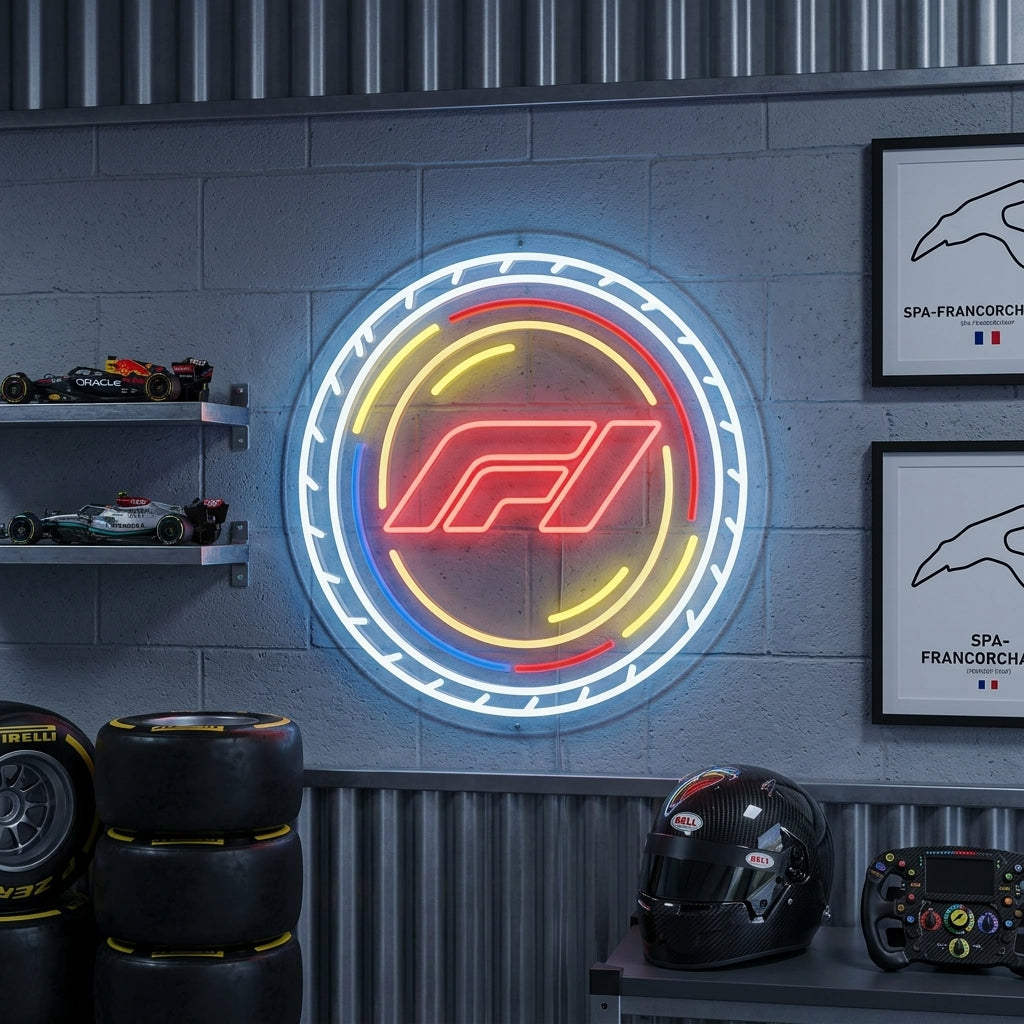 Neon sign with circular outline, red F1 logo, and glowing sparks, perfect for motorsport rooms.