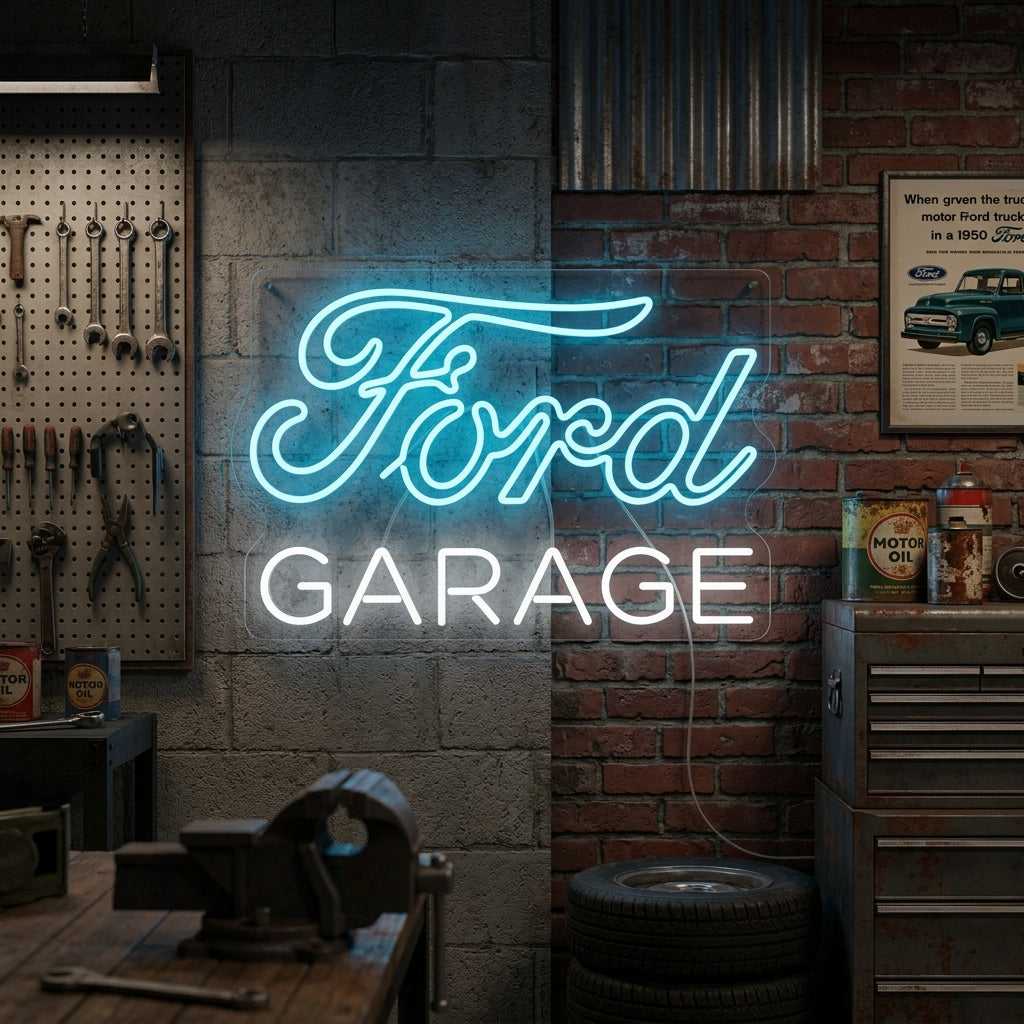 Blue and white neon sign with “Ford Garage” text, ideal for car workshops and garages.