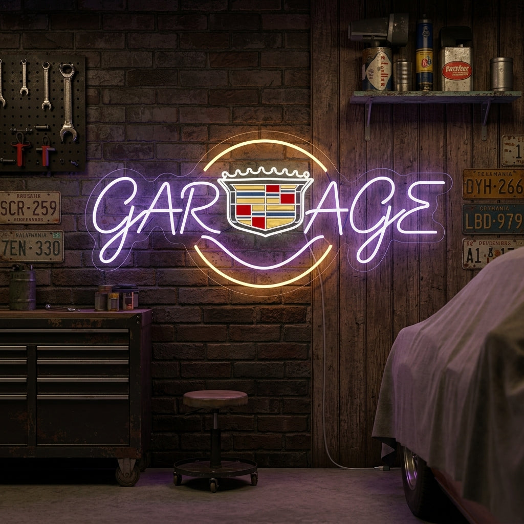 Neon sign with Cadillac crest integrated into the word “Garage,” stylish for auto shops and garages.