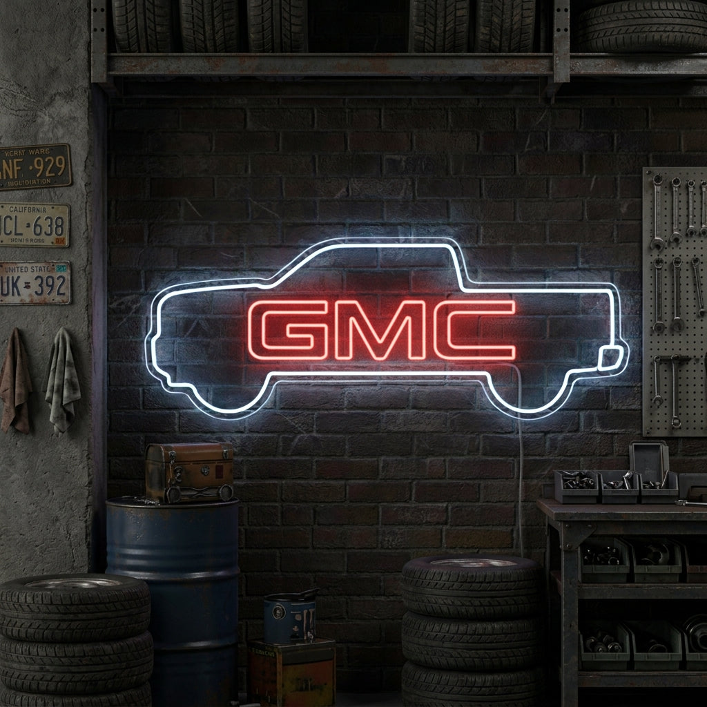 Neon sign in the shape of a pickup truck outline with “GMC” text, perfect for garages and car enthusiasts.