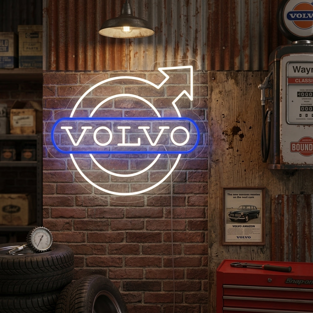 Neon sign featuring the Volvo circle-and-arrow logo in blue and white, adding modern automotive flair.