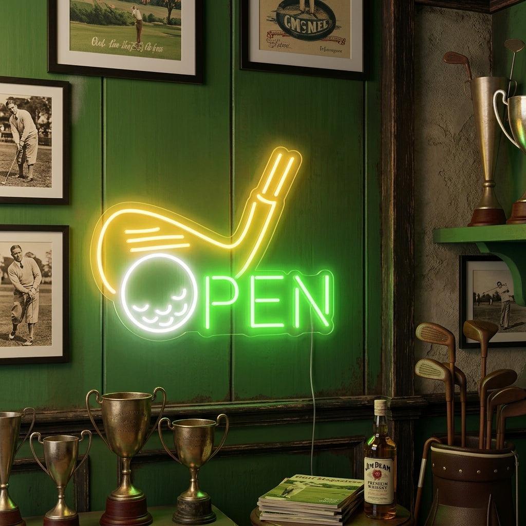 Neon sign with golf club and ball forming the word “OPEN,” ideal for golf lovers and sports-themed decor.