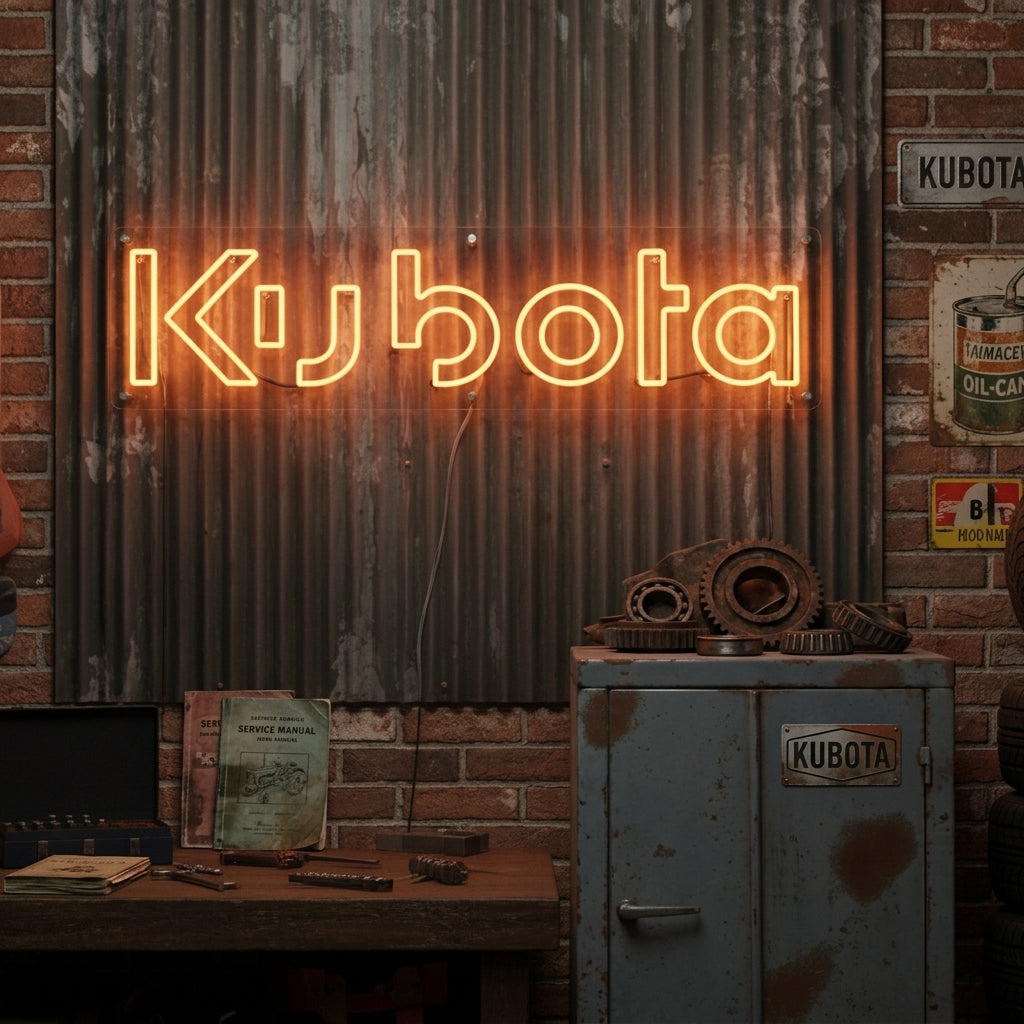 Orange Kubota wordmark neon sign, perfect for garages, workshops, or agricultural equipment fans.