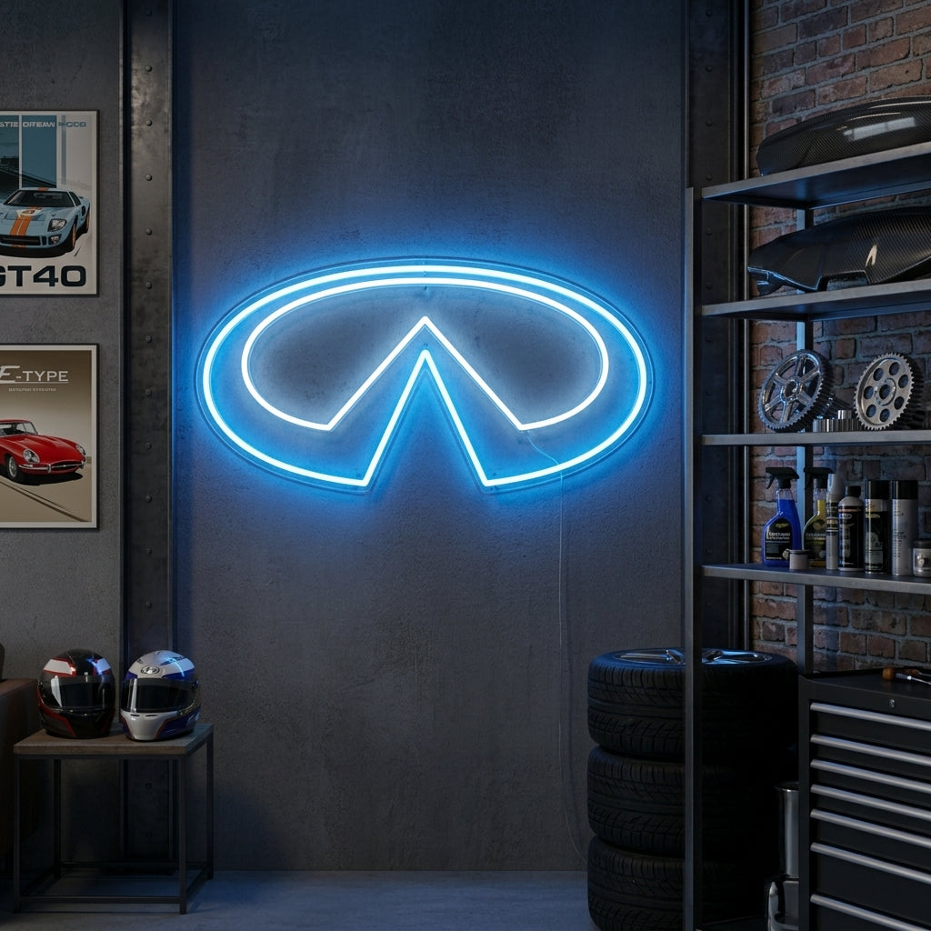 Blue Infiniti logo neon sign with sleek modern style, ideal for car showrooms or garages.