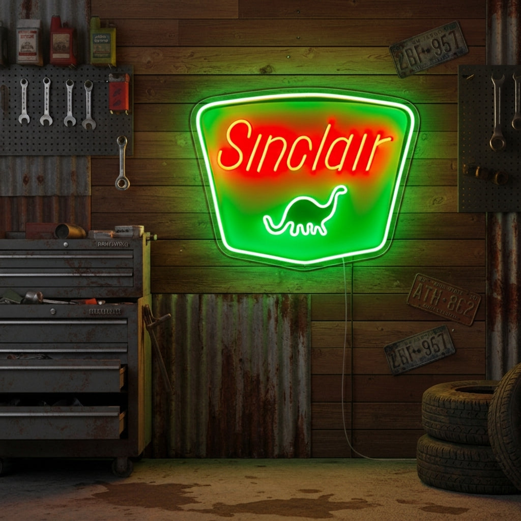 Green and red Sinclair neon sign with dinosaur logo, perfect for retro garage or Route 66 themed decor.