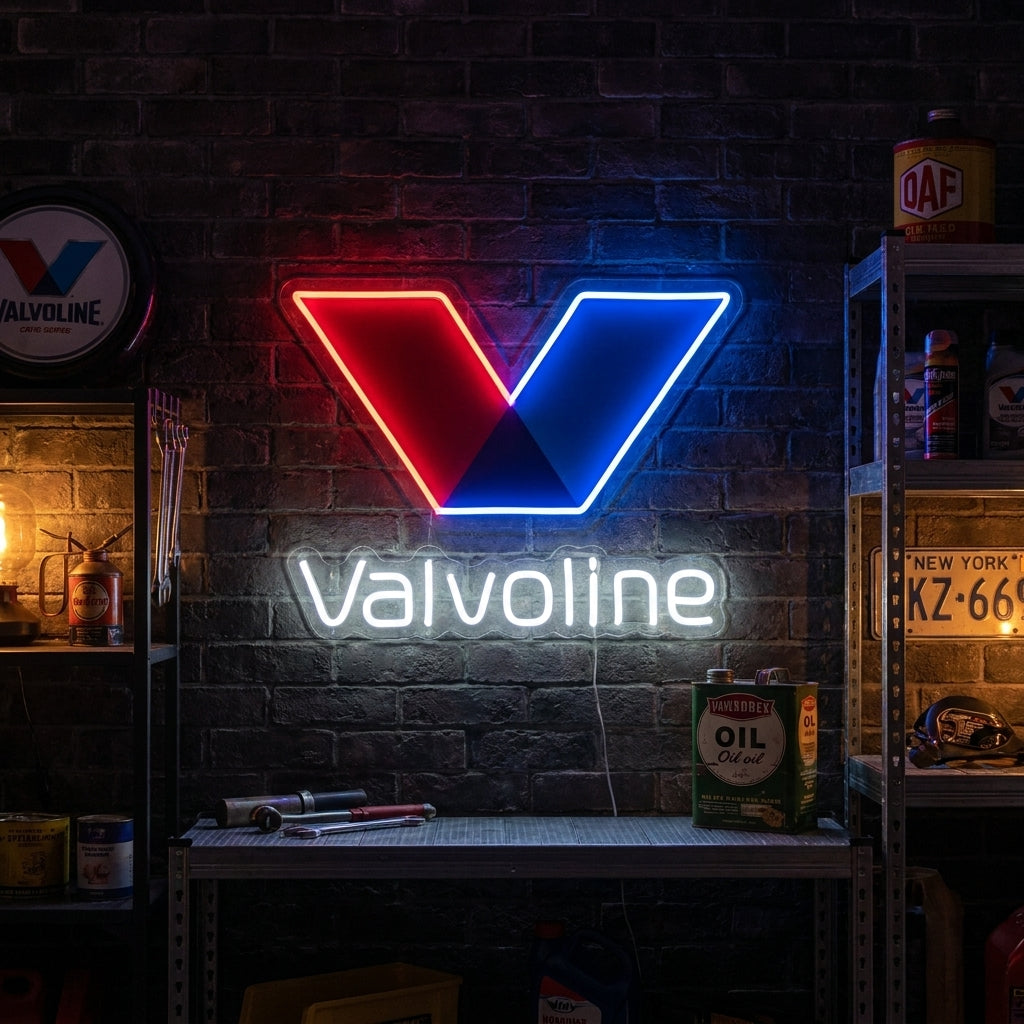 Red, blue, and white Valvoline “V” logo neon sign, ideal for car workshops, man caves, or automotive fans.