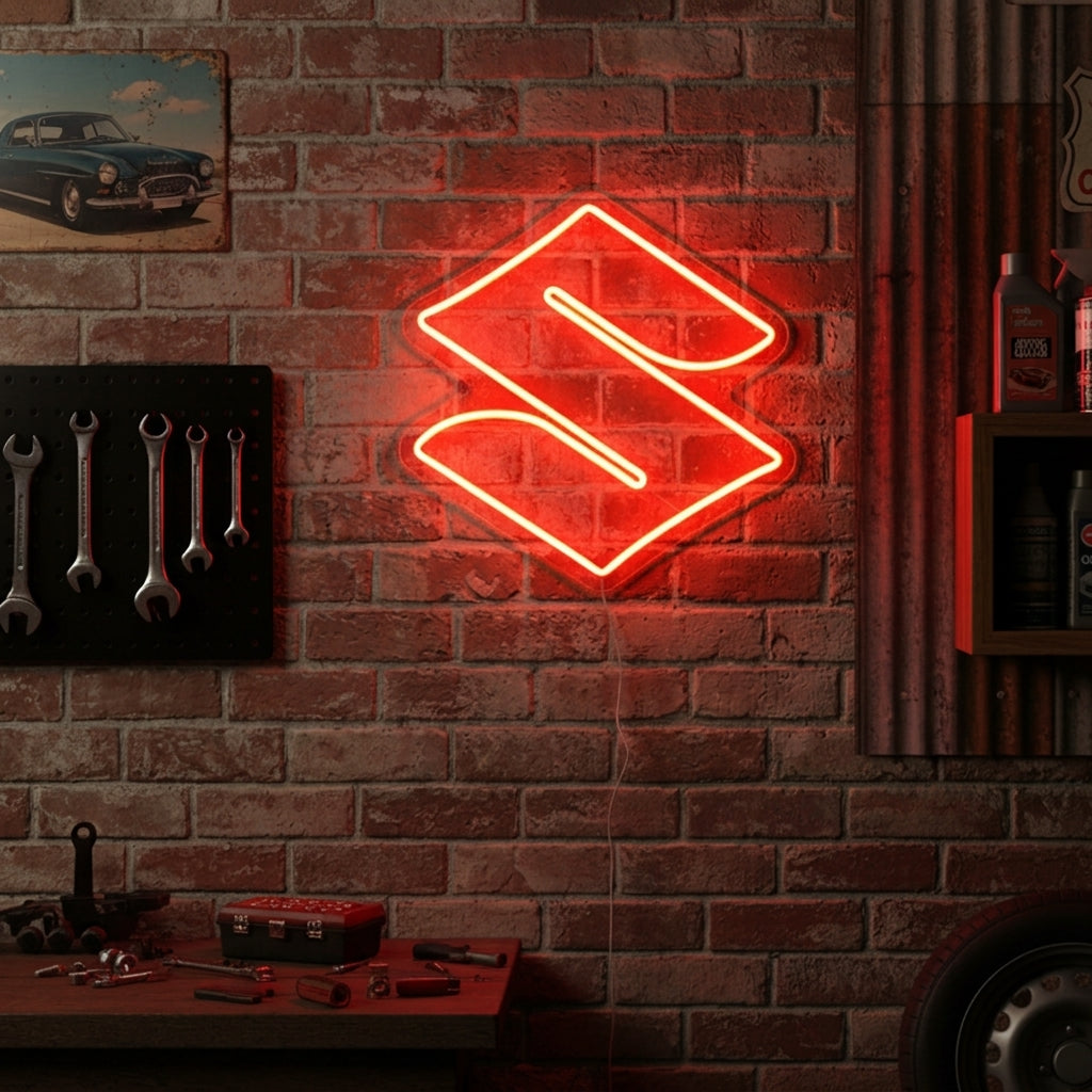 Red Suzuki “S” logo neon sign, great for motorcycle fans, garages, and automotive showrooms.