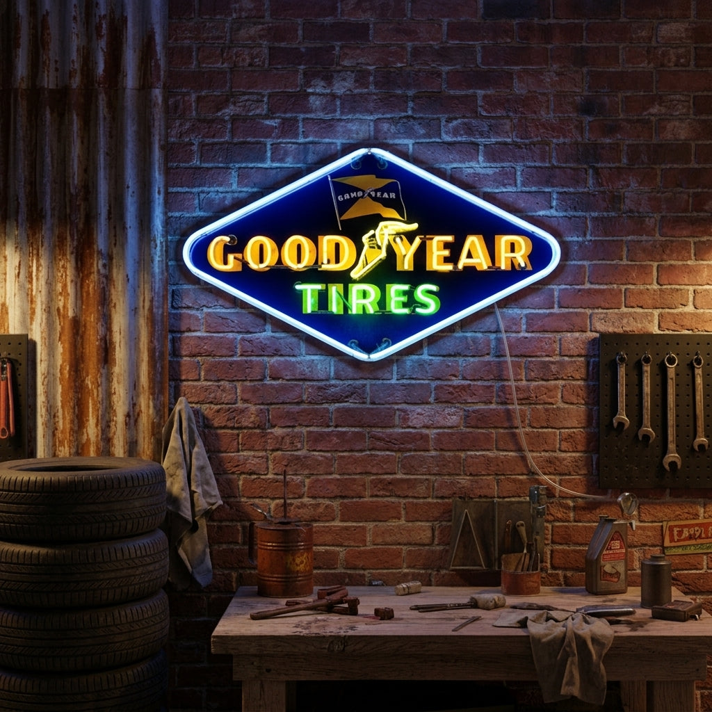 Blue, yellow, and green Goodyear Tires neon sign with winged foot, ideal for automotive fans and workshops.