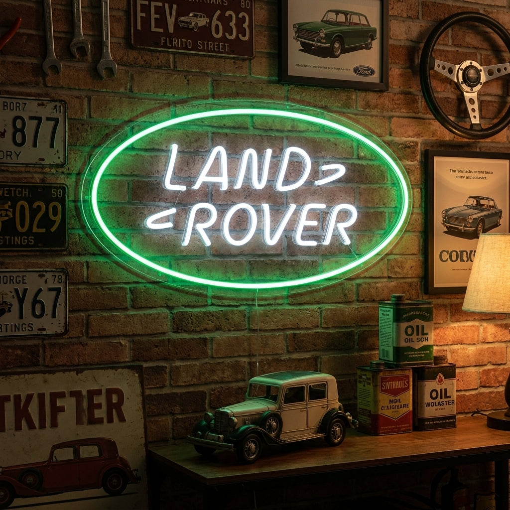 Green and white Land Rover oval logo neon sign, ideal for off-road and adventure enthusiasts.