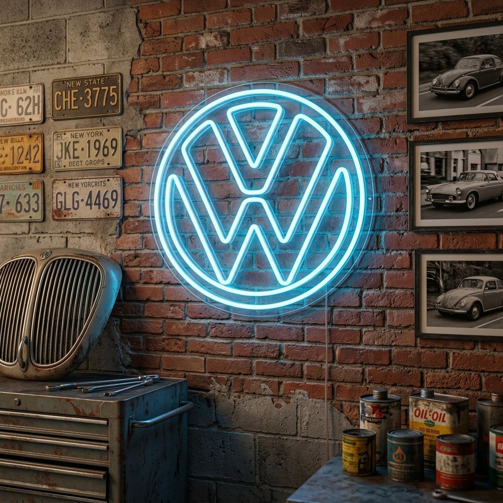 Blue VW circular logo neon sign, ideal for retro garages or automotive display walls.