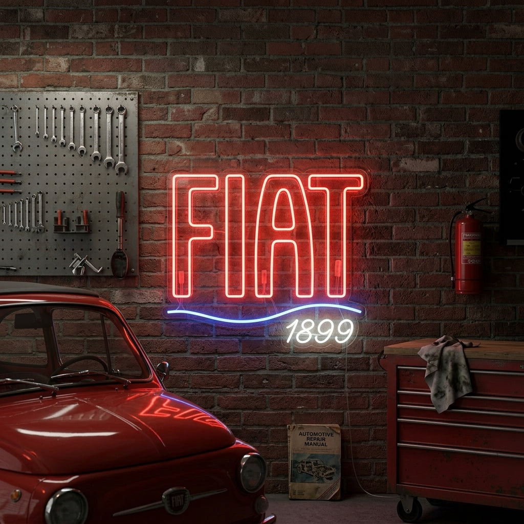 Red and blue Fiat neon sign with “1899” text, perfect for Italian car fans and classic garages.