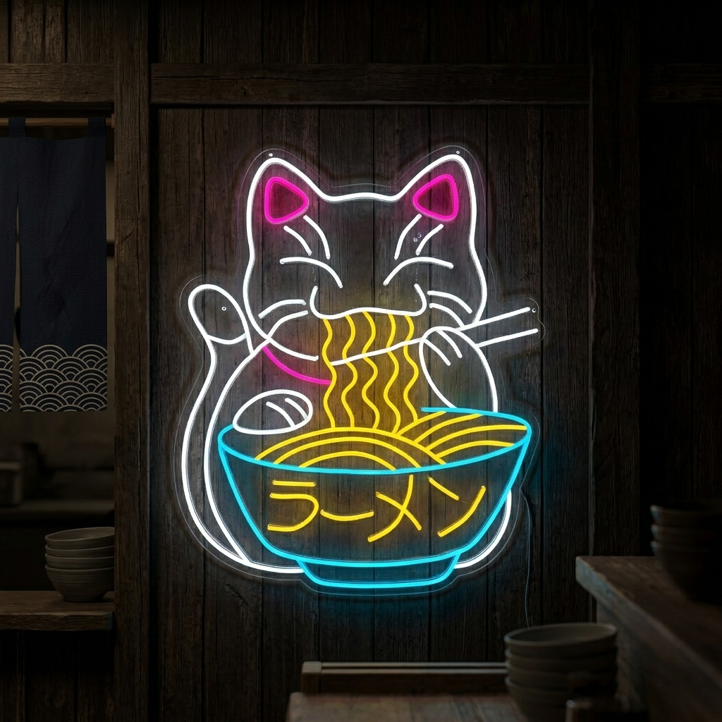 "Le Chat Porte-Bonheur Mange Des Ramens Et Des Nouilles" Enseigne Lumineuse en Néon