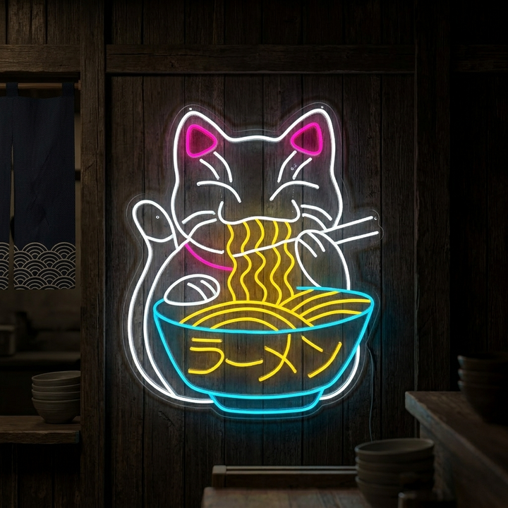 "Le Chat Porte-Bonheur Mange Des Ramens Et Des Nouilles" Enseigne Lumineuse en Néon