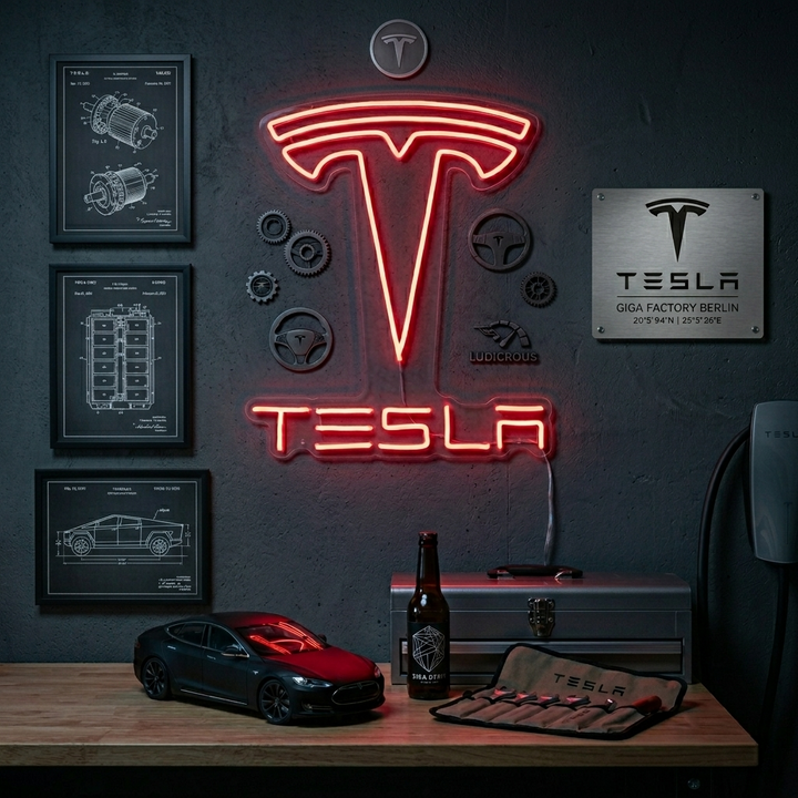 "Tesla Et Voiture" Enseigne Lumineuse en Néon