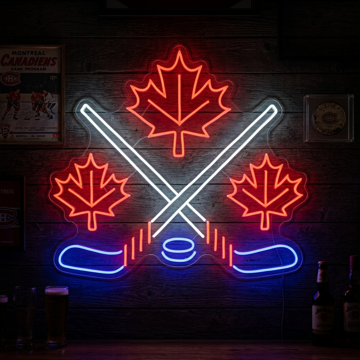 "Feuilles D'Érable Avec Crosses De Hockey Croisées" Enseigne Lumineuse en Néon