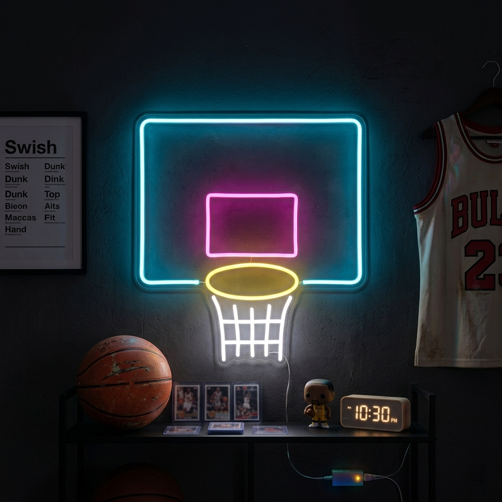 "Basket-Ball, Filet De Basket-Ball" Enseigne Lumineuse en Néon
