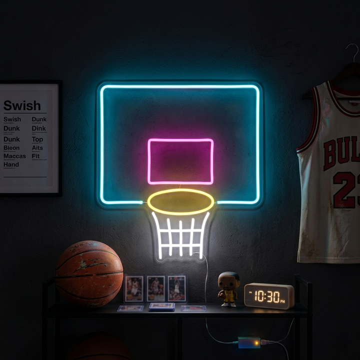 "Basket-Ball, Filet De Basket-Ball" Enseigne Lumineuse en Néon
