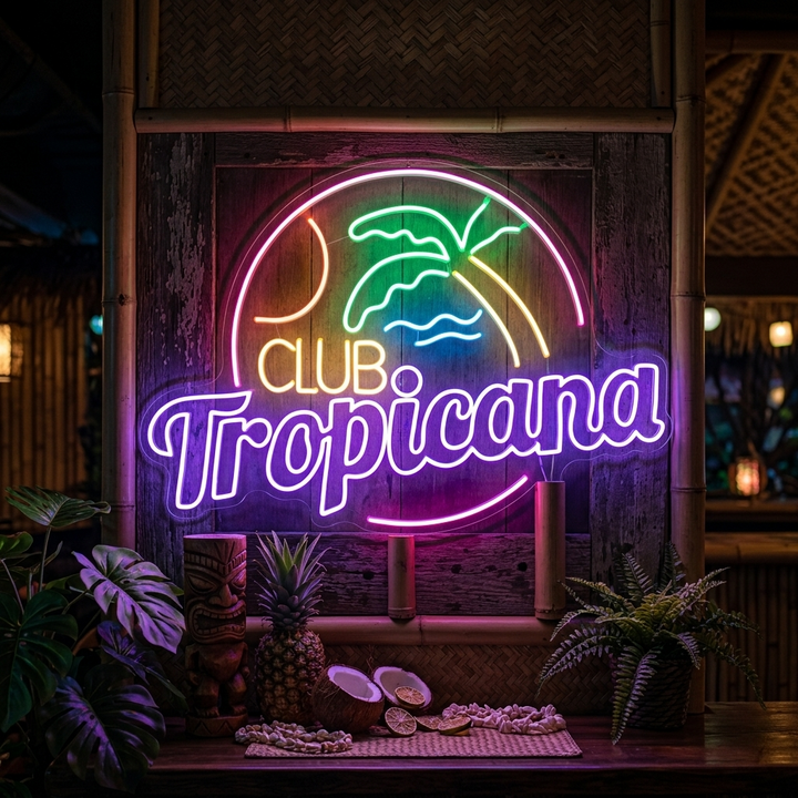 "Club Tropicana Plage, Palmier, Bar" Enseigne Lumineuse en Néon