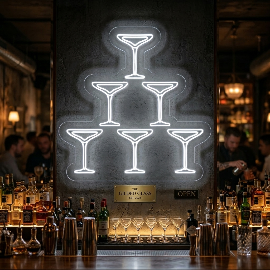 "Flûtes À Champagne, Pyramide, Bar" Enseigne Lumineuse en Néon