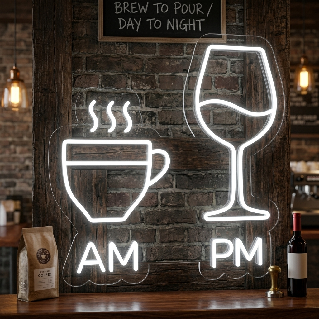 "AM, PM, Tasses À Café, Verres À Vin, Bar" Enseigne Lumineuse en Néon