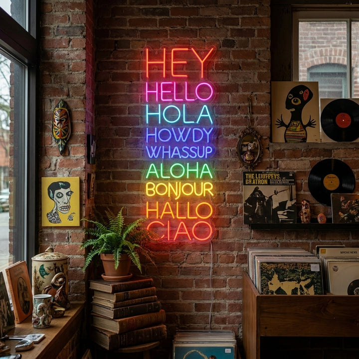 "Hey Hello Hola Howdy Whassup Aloha Hallo Bonjour Ciao" Enseigne Lumineuse en Néon