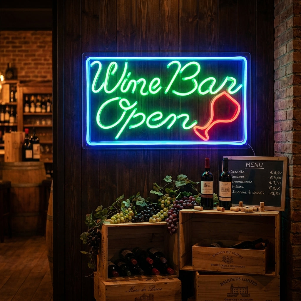 "Wine Bar Open" Enseigne Lumineuse en Néon