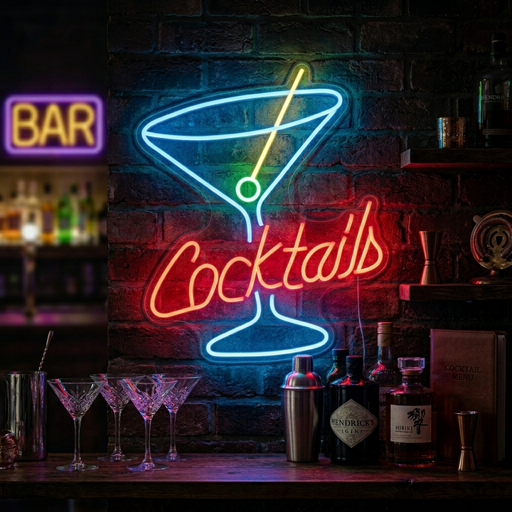 "Cocktails, Verre À Martini, Logo Bière" Enseigne Lumineuse en Néon
