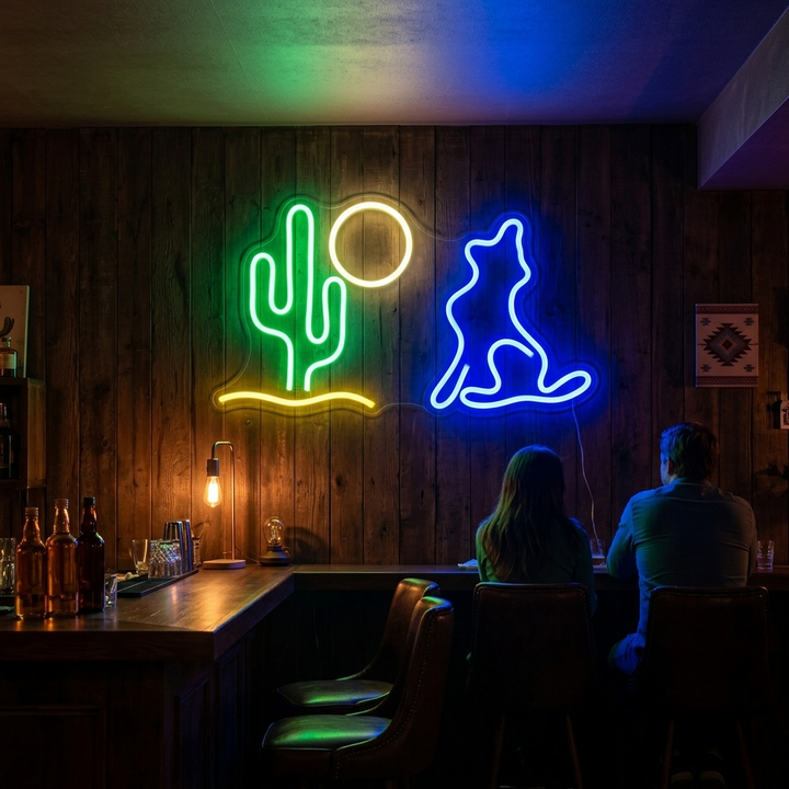 "Cactus, Lune, Loup" Enseigne Lumineuse en Néon