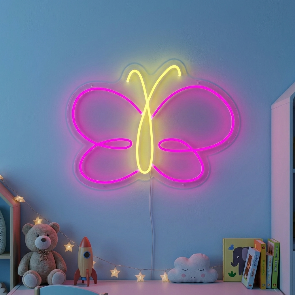 "Papillon, Chambre D'Enfant" Enseigne Lumineuse en Néon