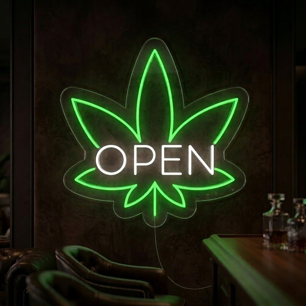 "OPEN, feuilles Bar" Lumineuse en Néon