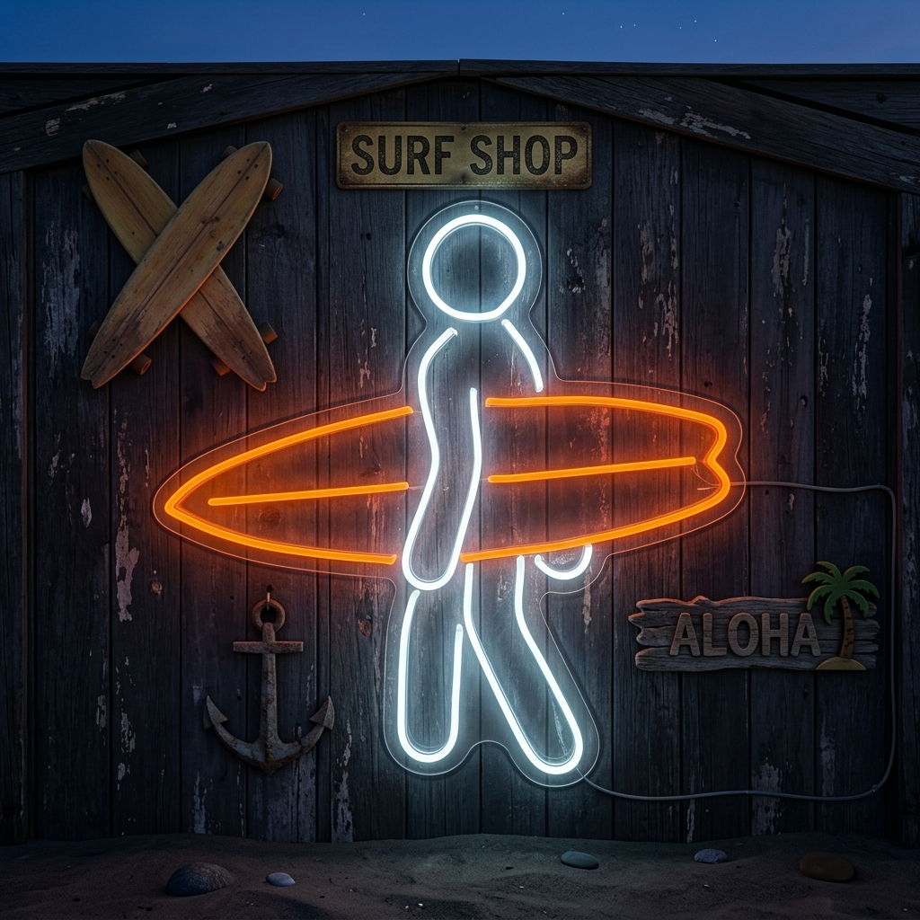 "Homme Portant Une Planche De Surf Dans Le Sport De Surf" Enseigne Lumineuse en Néon