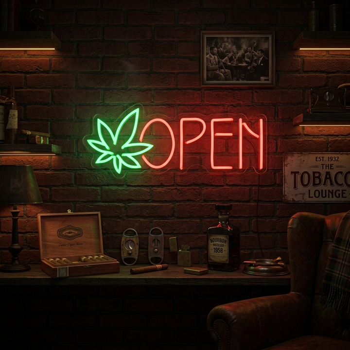 "open, dispensary, marihuana-blad" Lumineuse en Néon