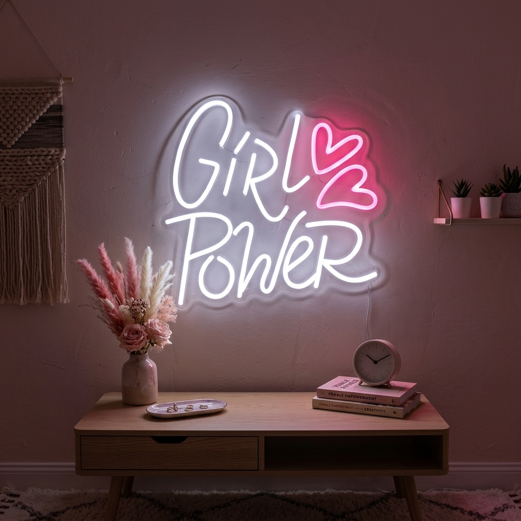 "Girl Power Avec Des Cœurs" Enseigne Lumineuse en Néon