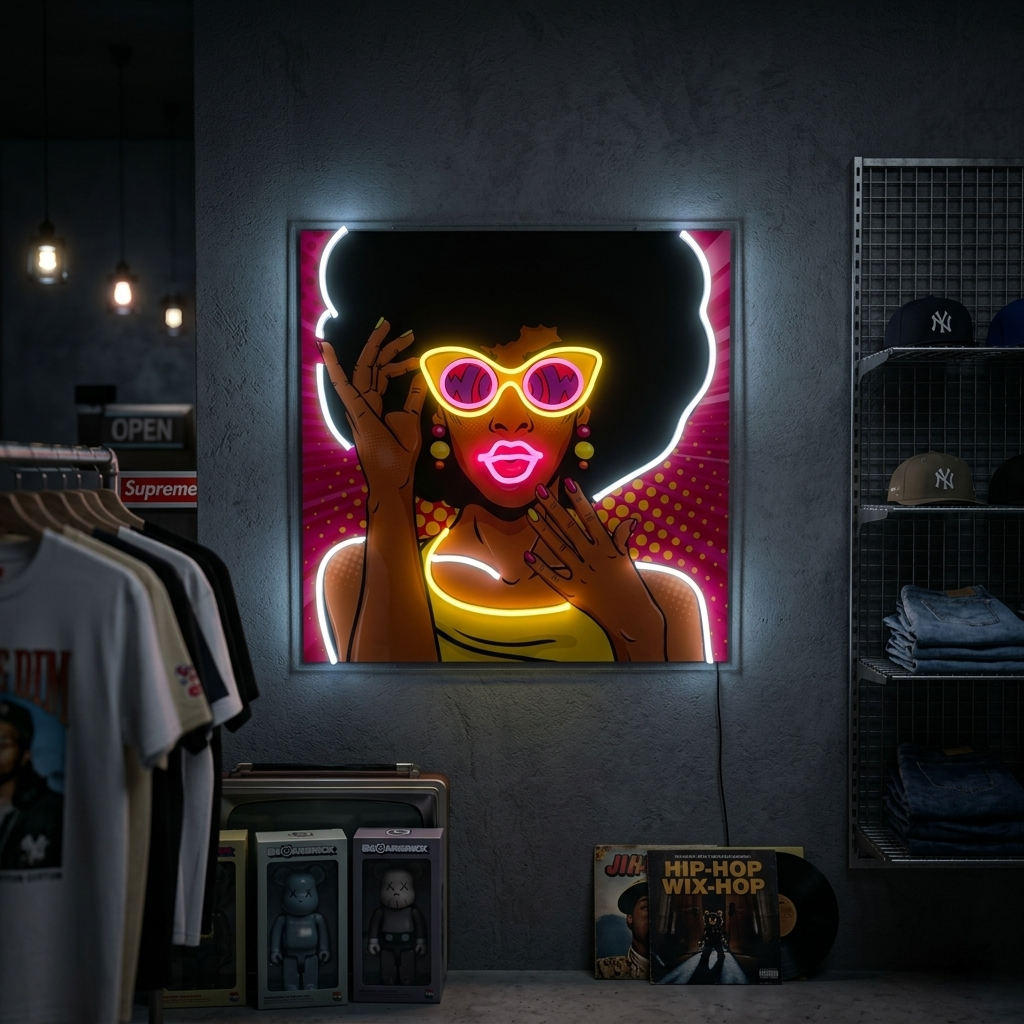 "Fille afro-américaine des années 50, pop art" Enseigne néon LED imprimée UV