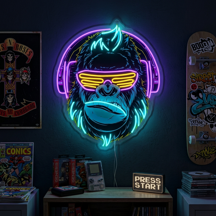 "Singe cyberpunk avec casque, décoration de salle de jeux" Enseigne néon LED imprimée UV