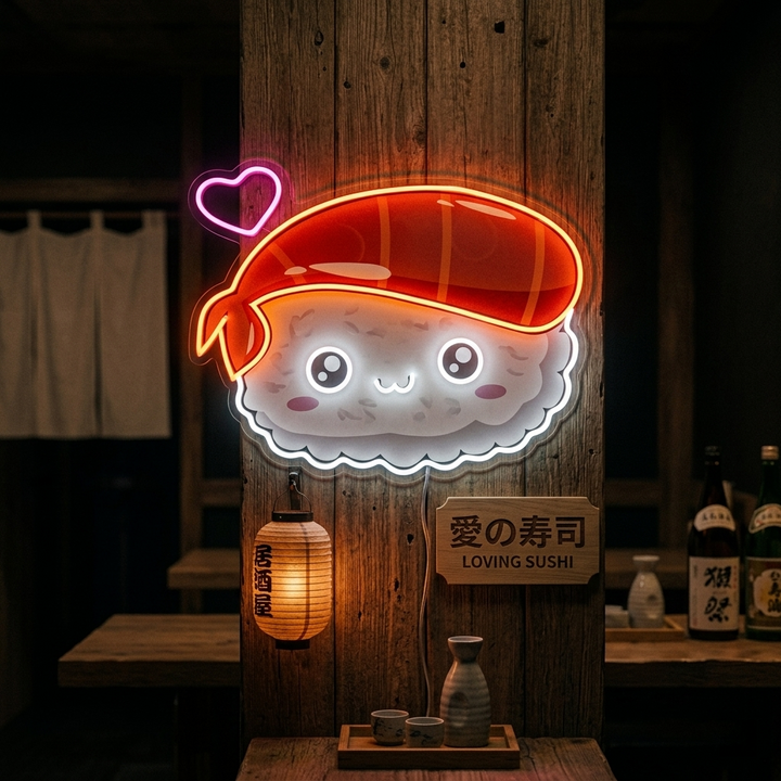 "Sushi kawaii, cuisine japonaise" Enseigne néon LED imprimée UV
