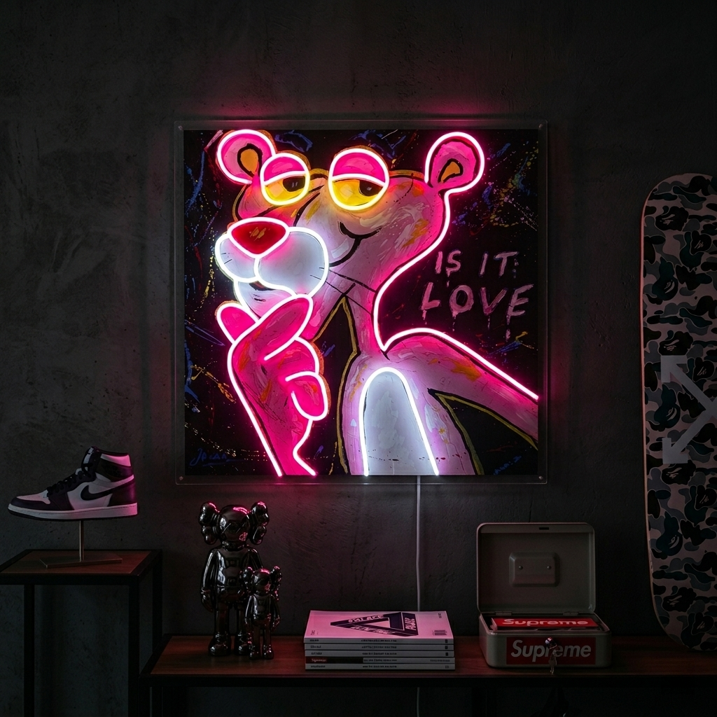 "Pink Think Panther, est-ce l'amour" Enseigne néon LED imprimée UV