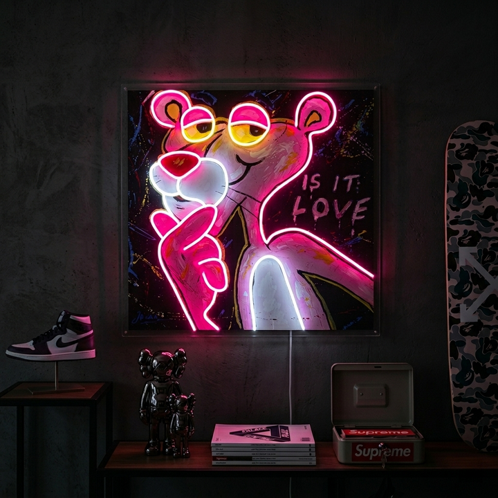 "Pink Think Panther, est-ce l'amour" Enseigne néon LED imprimée UV
