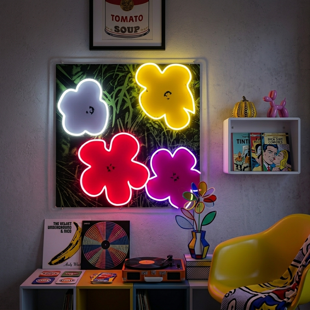 "Pop Art in Bloom, Fleurs d'artiste célèbre" Enseigne néon LED imprimée UV