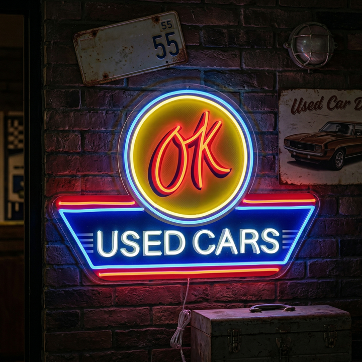 "Used Cars, logo du service automobile" Enseigne néon LED imprimée UV
