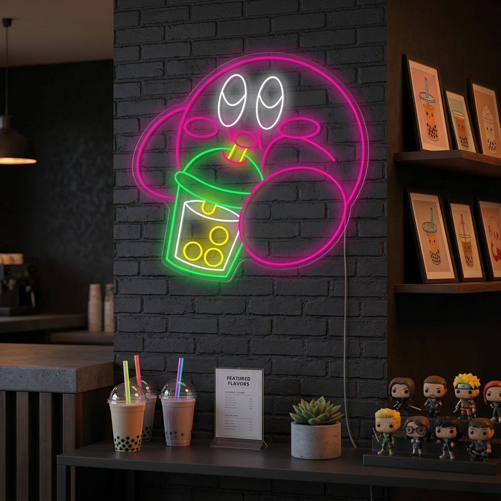 "Kirby buvant du thé Boba" Enseigne néon