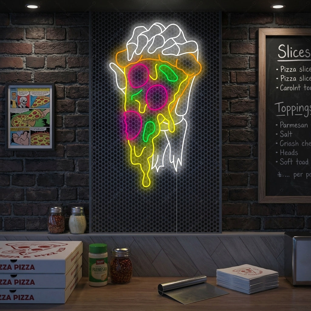 "Main squelettique tenant une pizza" Enseigne néon