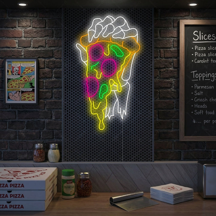 "Main squelettique tenant une pizza" Enseigne néon